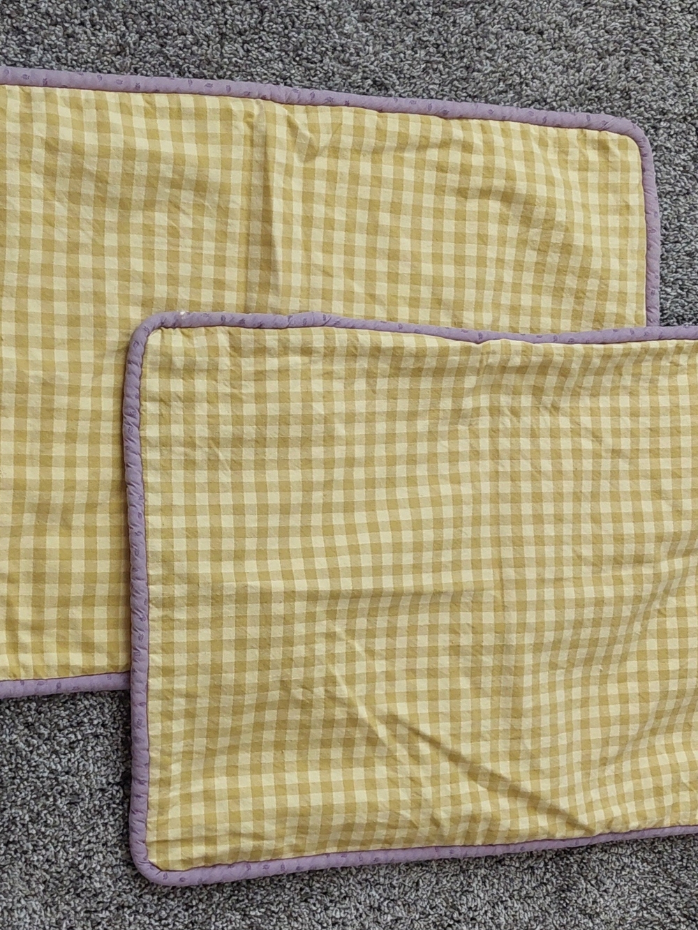Yellow Gingham Cotton Pillow Shams with Lavender Trim, Standard Size